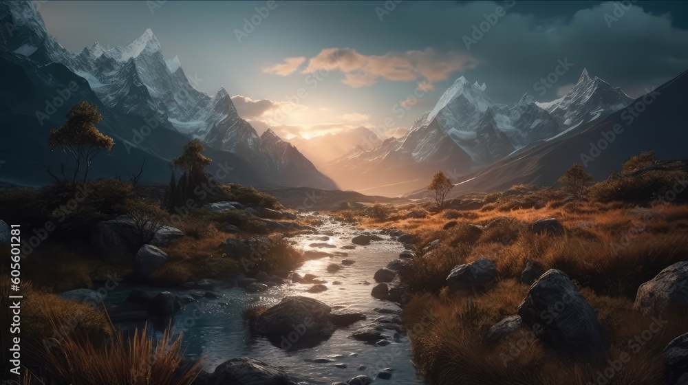 Beautiful Golden Hour Of A Mountain With River Landscape Wallpaper Generative AI