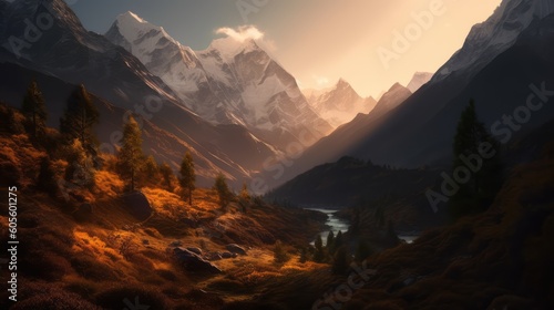 Beautiful Golden Hour Of A Mountain With River Landscape Wallpaper Generative AI