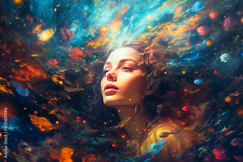 Ethereal dream illustration of a young woman surrounded by surreal elements. Created with Generative AI technology.