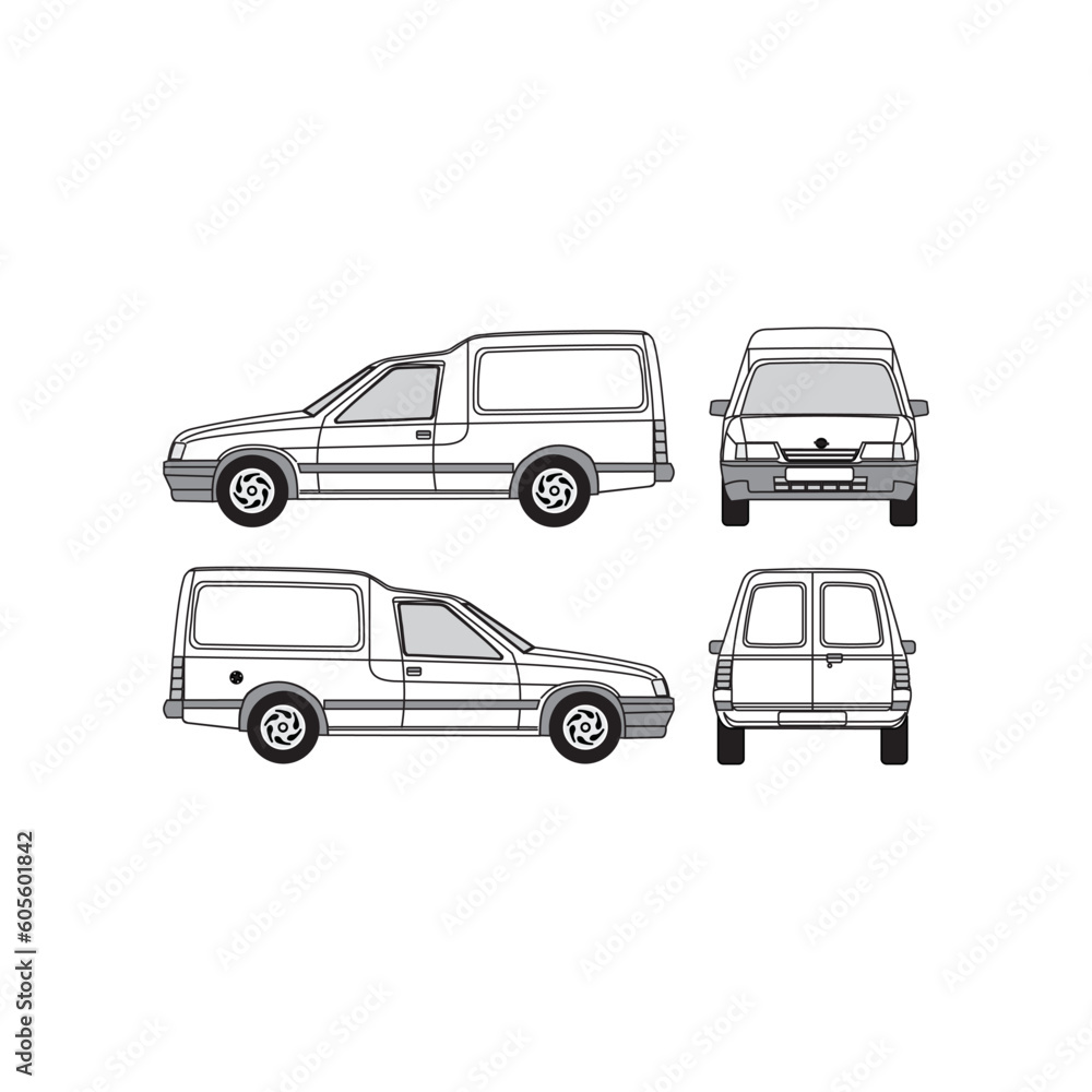 van outline, year 1992, isolated white background, front, back, top and side view, part 6