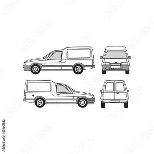 van outline, year 1992, isolated white background, front, back, top and side view, part 6