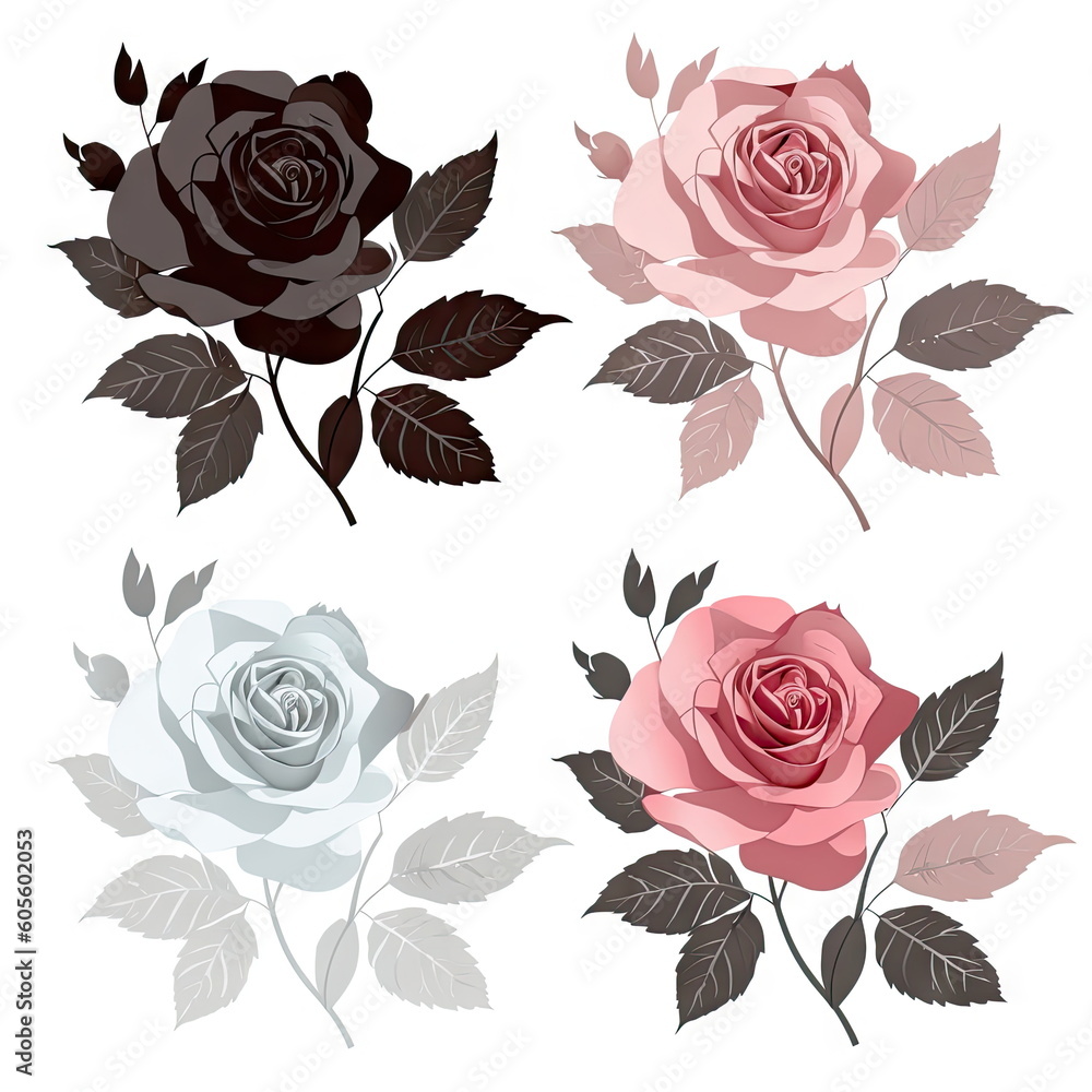 Set of rose with leaves, Flower silhoutte on white background Set of rose with leaves, Flower silhoutte on white background