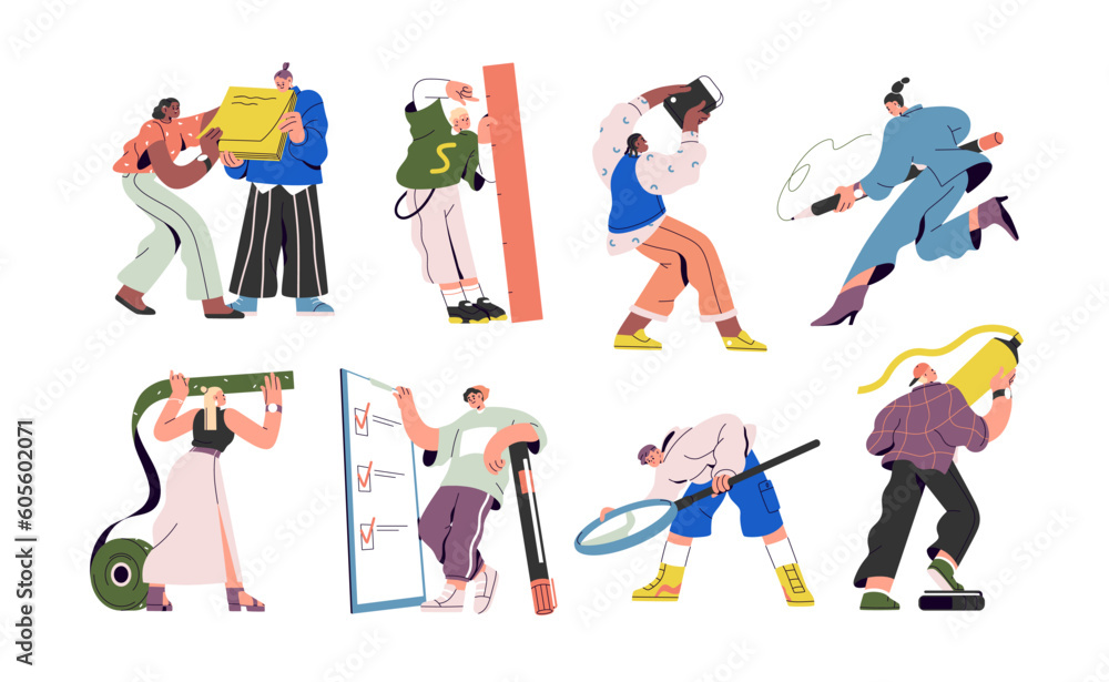 People and huge stationery set. Characters holding big tools, paper notes, eraser, writing with pencil, studying with magnifying glass. Flat graphic vector illustrations isolated on white background