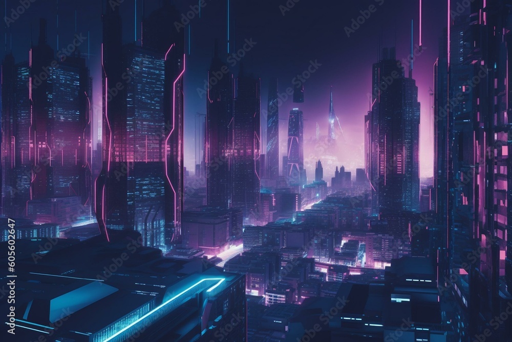 Futuristic city with breathtaking buildings lit by cyan and purple neon ...