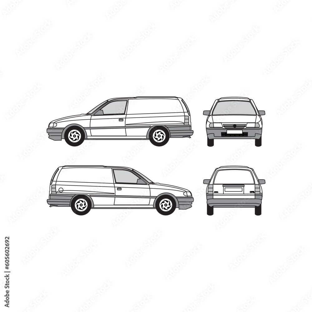 van outline, year 1992, isolated white background, front, back, top and side view, part 2