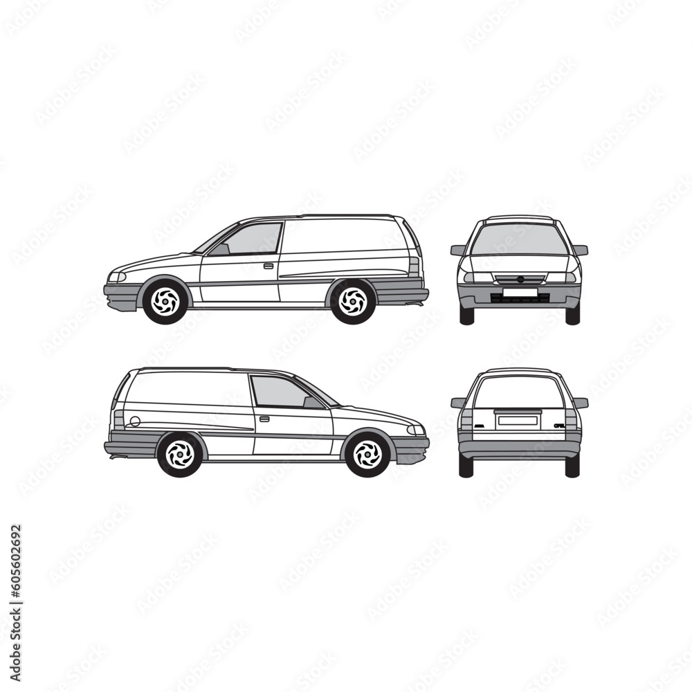 van outline, year 1992, isolated white background, front, back, top and side view, part 2 van outline, year 1992, isolated white background, front, back, top and side view, part 2