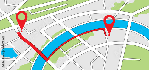 A to B with pin pointers icon. Navigation or navigator, maps, road, direction arrow. Pins, points mark. Pointer or point trekking route. track en trace city, street map. Markers, map locator, urban.