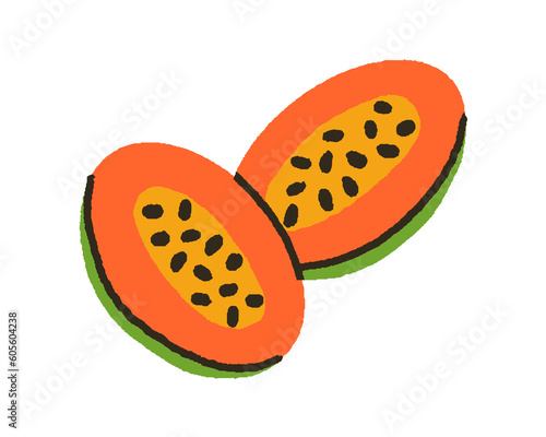 Cut papaya halves. Exotic pawpaw with black seeds, flesh, cross-section. Natu...