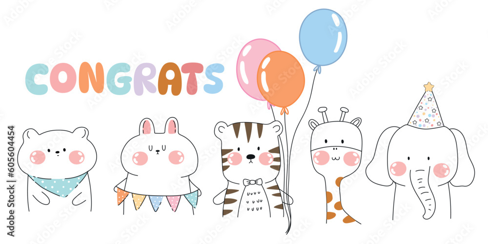 Draw vector banner cute animal party on white for birthday or party,card,poster,cover,print.Doodle cartoon style.