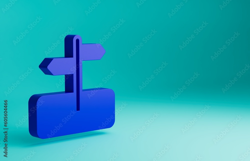 Blue Road traffic sign. Signpost icon isolated on blue background. Pointer symbol. Isolated street information sign. Direction sign. Minimalism concept. 3D render illustration Blue Road traffic sign. Signpost icon isolated on blue background. Pointer symbol. Isolated street information sign. Direction sign. Minimalism concept. 3D render illustration