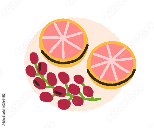 Grapes branch and grapefruit slices, cut pieces. Ripe healthy fruit and berri...