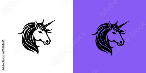 Black silhouette of graceful unicorn logotype. Fairy tale symbol. Vector flat icon on white and purple background. Magic logo