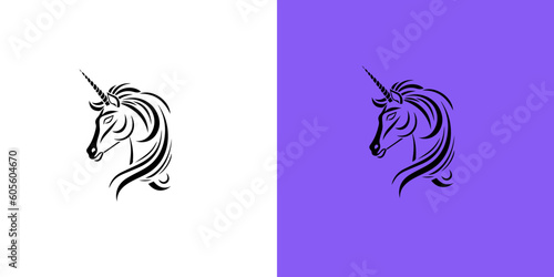 Black silhouette of graceful unicorn logotype. Fairy tale symbol. Vector flat icon on white and purple background. Magic logo