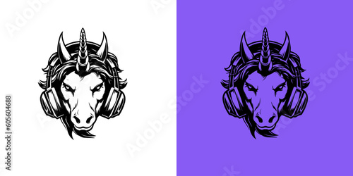 Black silhouette of wicked unicorn on headphones. Fairy tale symbol. Vector flat icon on white and purple background. Magic logo