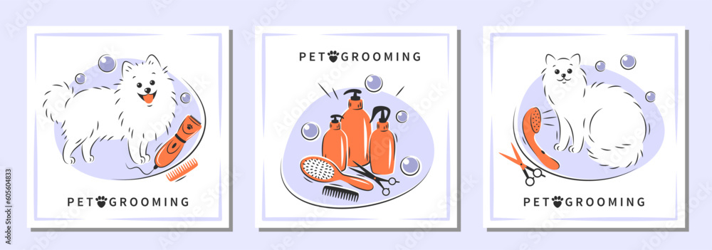 Pet grooming. Cartoon dog and cat character with different tools for animal hair grooming. Set of design for pet care salon. Vector illustration
