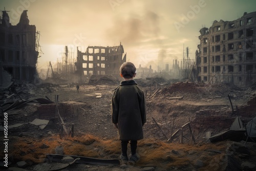 Military child ruined city. Generate Ai © nsit0108