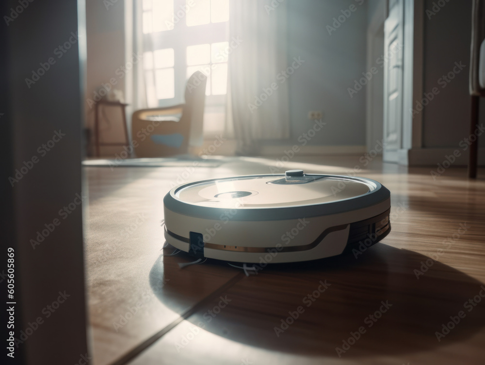 Robotic vacuum cleaner cleaning the floor in the living room. Cleaning service concept. Created with Generative AI technology. Robotic vacuum cleaner cleaning the floor in the living room. Cleaning service concept. Created with Generative AI technology.