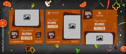 Fast Food Burger double layer with  cheese  delicious tasty  meat mutton , lamb , vegetable , hamburger free delivery for lunch, diet , free french fries healthy food social media post template 2023