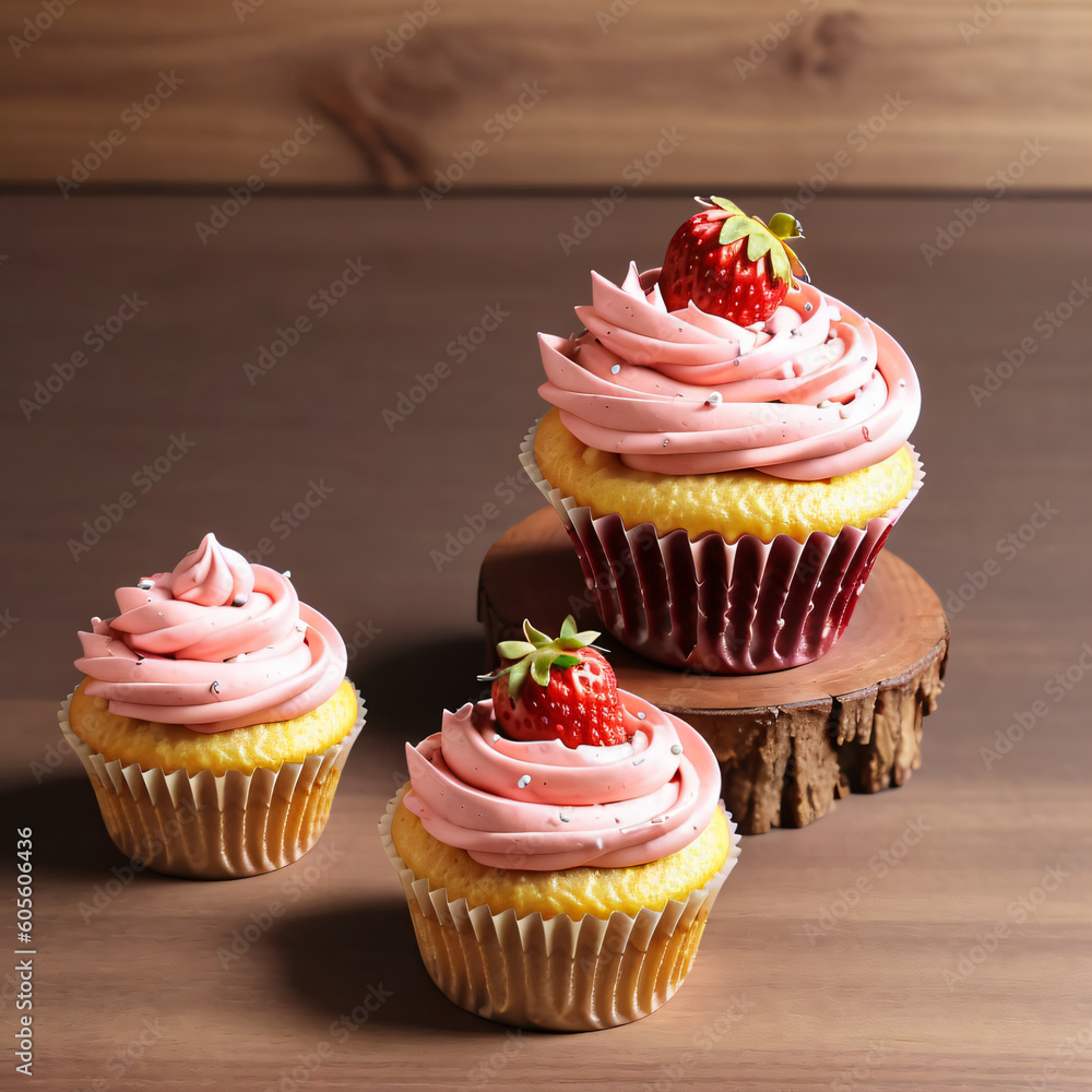 Delicious cupcakes with strawberry on wooden background, close-up generative AI