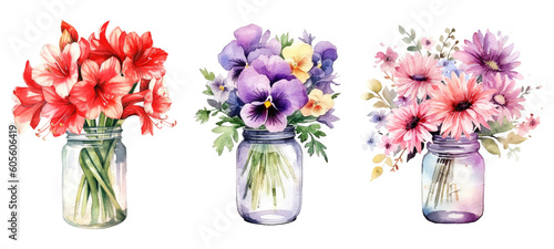 Fototapeta Naklejka Na Ścianę i Meble -  Watercolor Flowers Bouquet In Jar. Generative AI