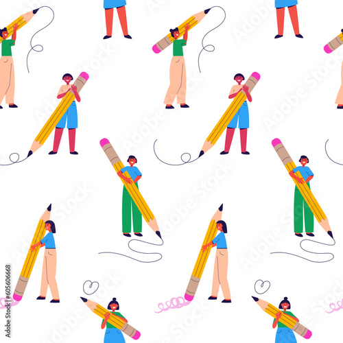 Diverse people holding big pencils seamless pattern. Happy young students writing, drawing, erasing mistakes. Education concept. Back to school. Vector illustration