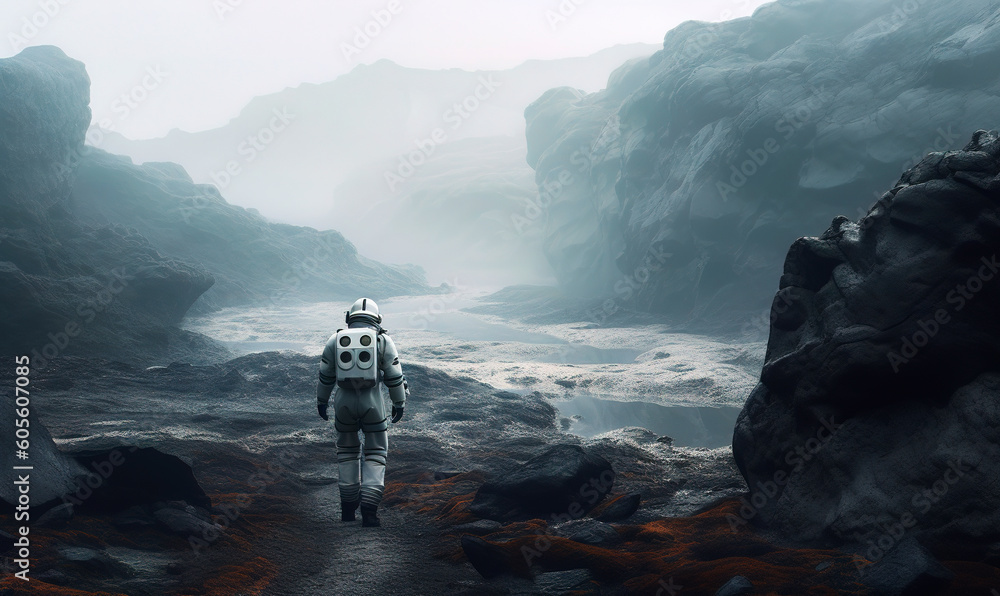 Astronaut on costume walking by. Cosmonaut in spacesuit and helmet. Generative AI. Astronaut on costume walking by. Cosmonaut in spacesuit and helmet. Generative AI.
