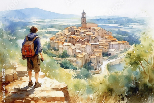 Illustration  in a watercolor style. Travelling boyl with backpage looking down at beautiful town from hill.  Viewed from behind. Generative AI. photo