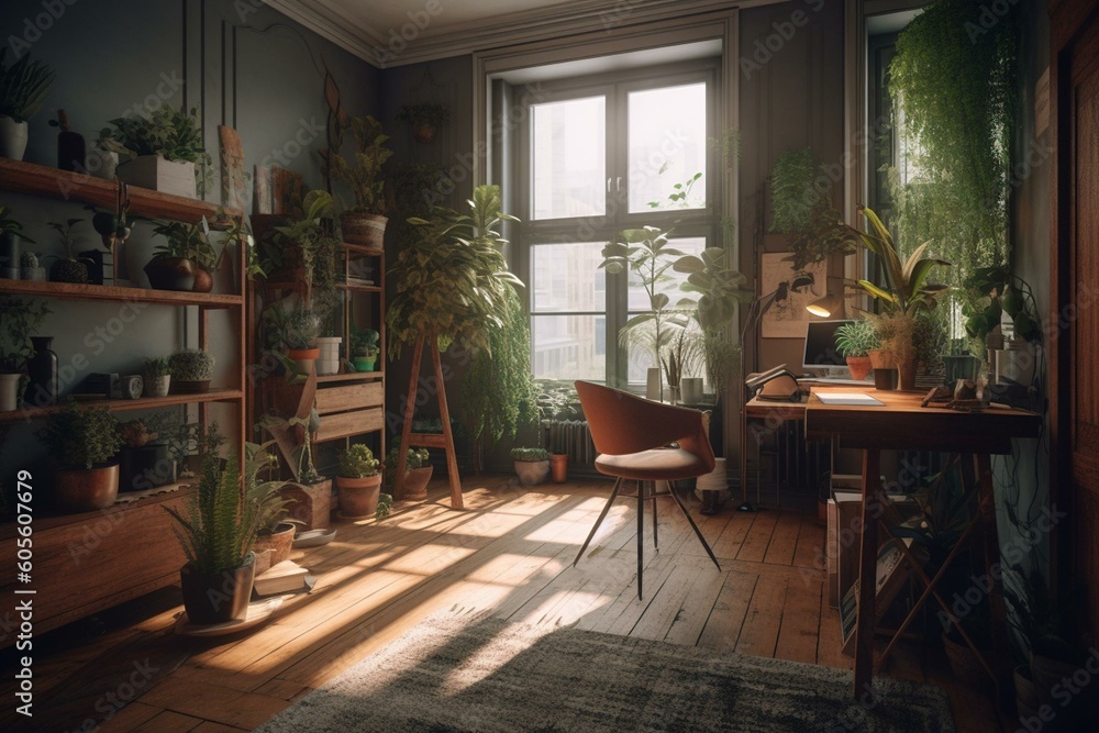 Cozy hipster flat with warm hues, natural wood finishes & green tree view - perfect city sanctuary. Generative AI