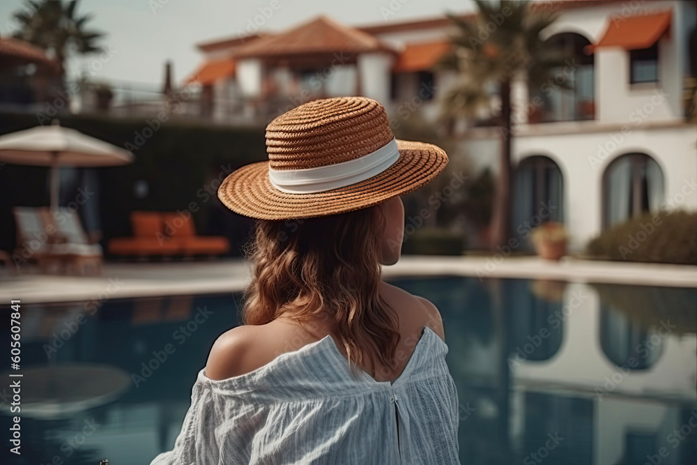 Realistic portrait of a young woman on summer vacation, who is sunbathing by the pool. illustration of Generative AI.
