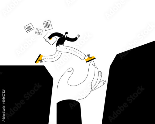 An employee in casual clothes jumps over the abyss leaning on a supporting hand. Vector illustration on the topic of helping the movement to success in a career.