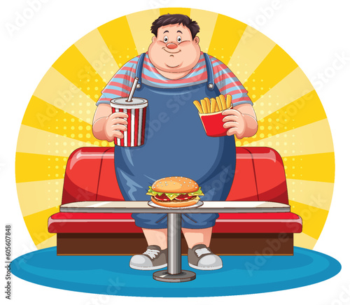 Overweight Man and Fast Food Temptation