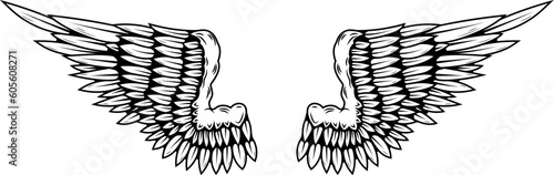 illustration of a pair of wings in black and white, done in a tattoo-style. Angel wings. illustration of bird wings.