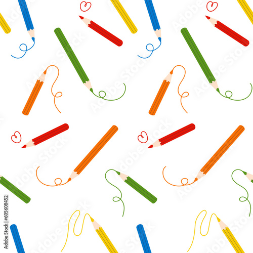 Colored pencils with scribble lines seamless pattern. Colorful crayons drawing strokes, heart. Art, creating, education concept. Back to school. Vector illustration