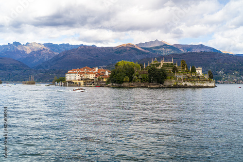 islands on Lake Maggiore surrounded by mountains on a cloudy day