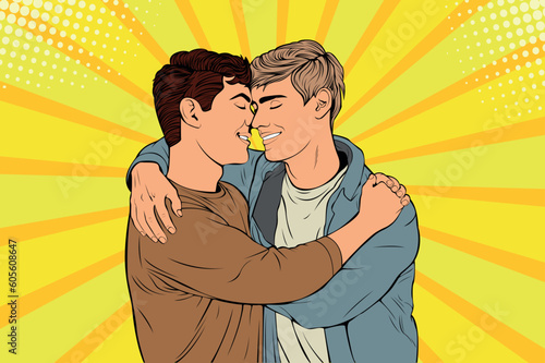 Homosexual couple hugging and kissing. Pride gay boys love vector illustration in pop art retro comic style