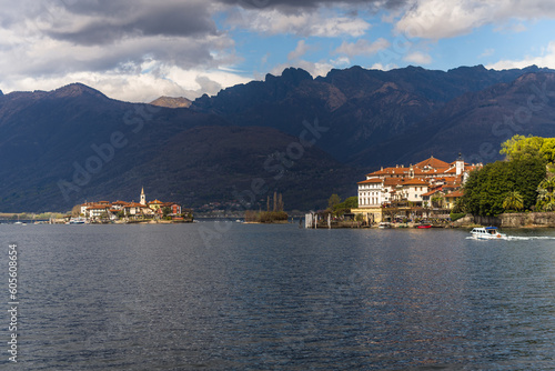 islands on Lake Maggiore surrounded by mountains on a cloudy day