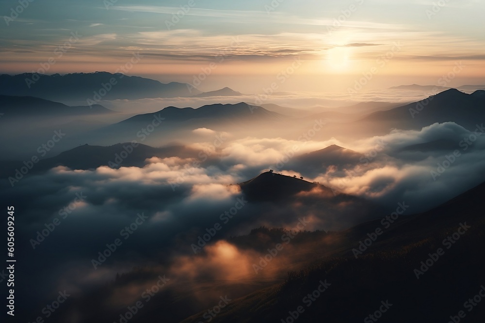 Sunset in the Alps over the clouds
