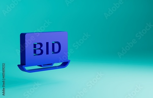 Blue Online auction icon isolated on blue background. Bid sign. Auction bidding. Sale and buyers. Minimalism concept. 3D render illustration