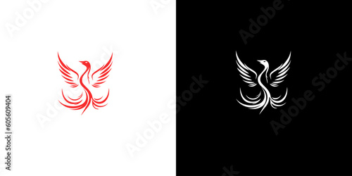 Abstract red and white phoenix logo design template on black and white background . Vector Illustration logotype.