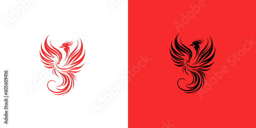 Abstract red and black phoenix logo design template on white and red background . Vector Illustration logotype.