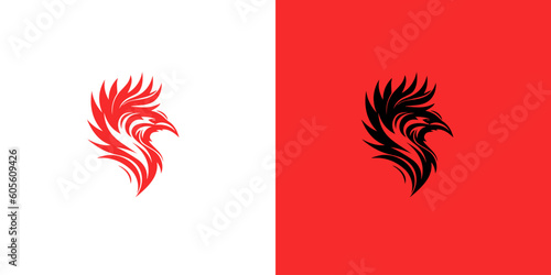 Abstract red and black phoenix logo design template on white and red background . Vector Illustration logotype.