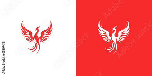 Abstract red and white phoenix logo design template on red and white background . Vector Illustration logotype