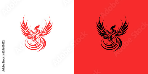 Abstract red and black phoenix logo design template on white and red background . Vector Illustration logotype.