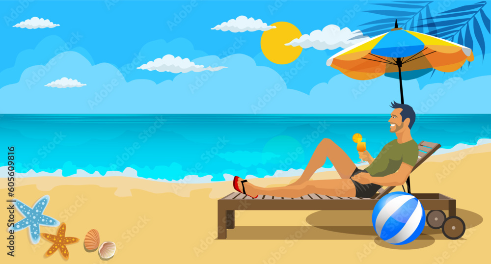 Happy tourist  man lie on deckchair with cocktail in hand , holiday on vacation banner. relaxing sea view Summer vacation concept.