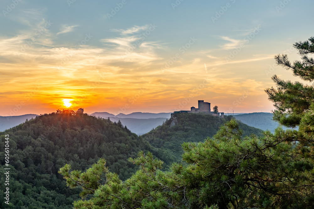 Trifels Castle seen from Rock Slevogtfelsen during Sunset, Rhineland-Palatinate, Germany, Europe