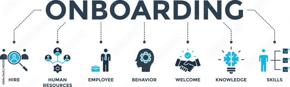 Onboarding banner web icon vector illustration concept for human resources business industry to introduce newly hired employee into an organization with behavior, welcome, knowledge, and skills icon Onboarding banner web icon vector illustration concept for human resources business industry to introduce newly hired employee into an organization with behavior, welcome, knowledge, and skills icon