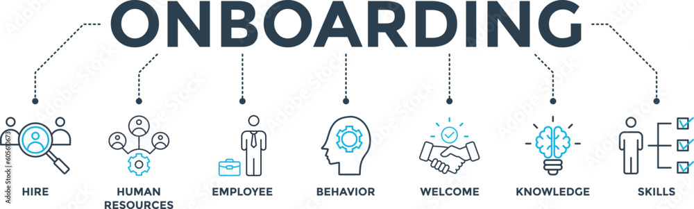 Onboarding banner web icon vector illustration concept for human resources business industry to introduce newly hired employee into an organization with behavior, welcome, knowledge, and skills icon Onboarding banner web icon vector illustration concept for human resources business industry to introduce newly hired employee into an organization with behavior, welcome, knowledge, and skills icon