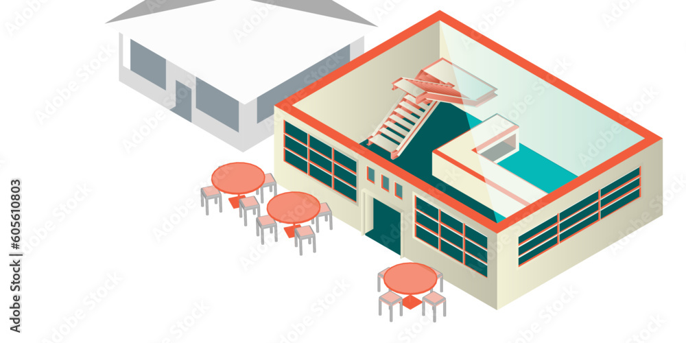 Illustration of a flat vector isometric cafe building icon. Perfect for representing restaurants, cafeterias, and other food-related businesses. Infographic design with exterior view, sign, property