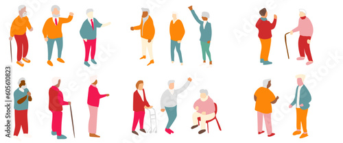 isometric vector illustrations featuring active elderly men and women. Perfect for healthcare, lifestyle, and recreation designs