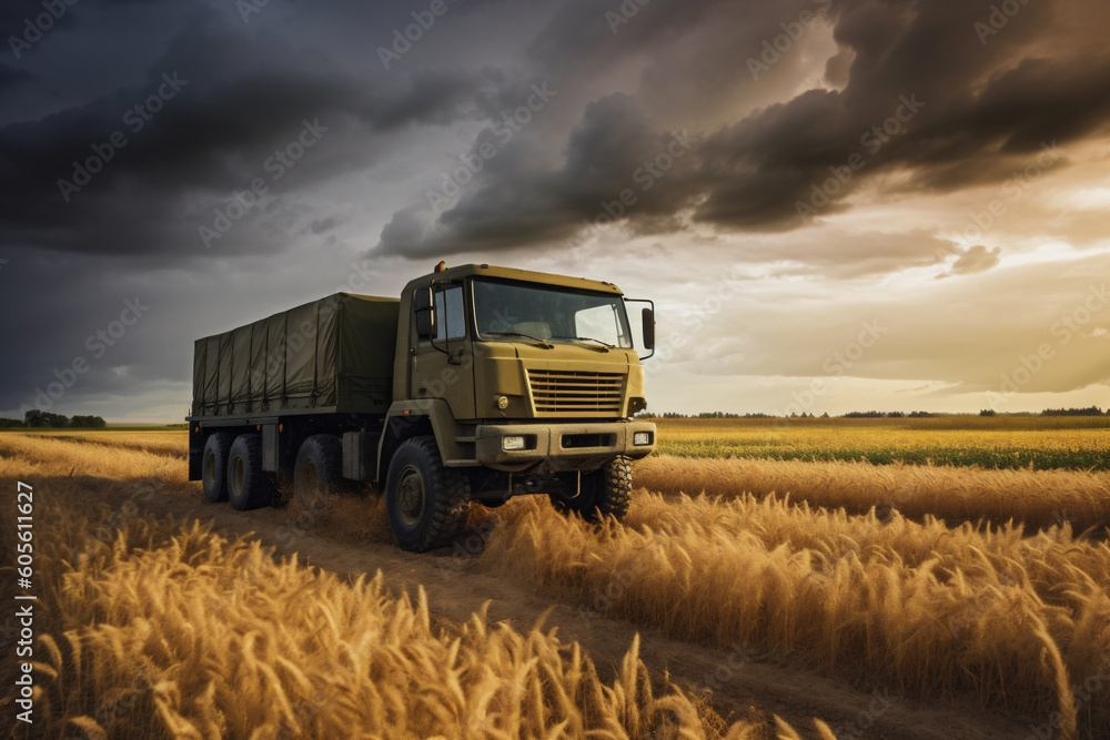Fototapeta premium Military truck on the wheat field with dramatic sky and clouds in background. Generative AI.